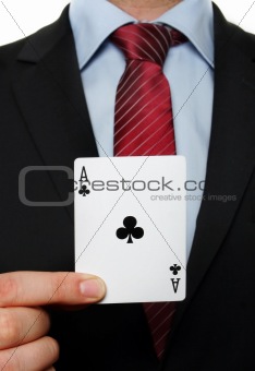 A businessman holding an black flowers ace