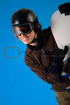 Woman with snowboard equipment