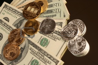 Gold and silver coins and paper currency