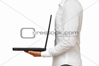 Casual man with notebook in his hands, isolated
