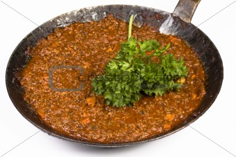 a pan full of sauce bolognaise