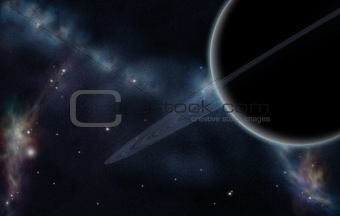 Digital created starfield with cosmic Nebula and planet with rin