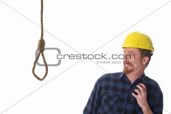 confused construction worker looking at gallows