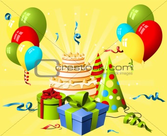 Birthday hat, gift and cake