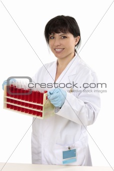 Female carrying rack of test tubes