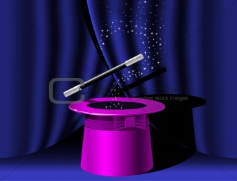 Magician top hat and Magic Wand with stars