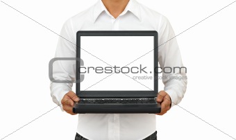 Casual man with nootebook in his hands, isolated.